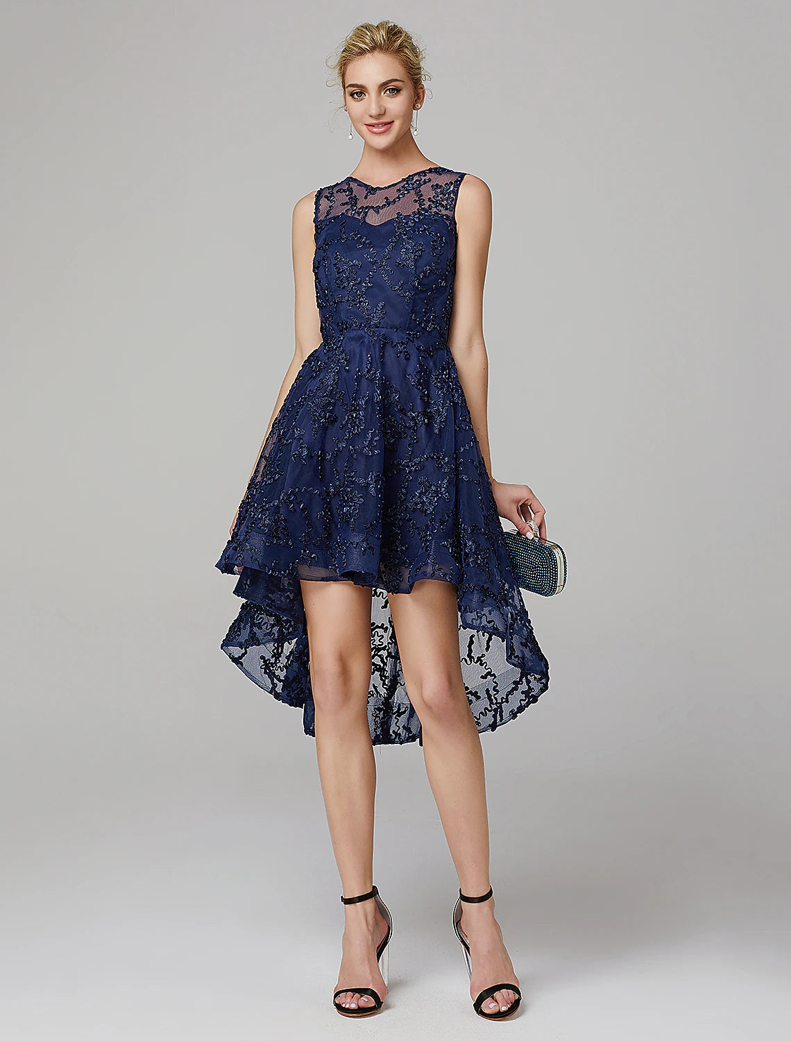 Vestido de fiesta de cóctel con corte A asimétrico, sin mangas, cuello ilusión, tul con apliques