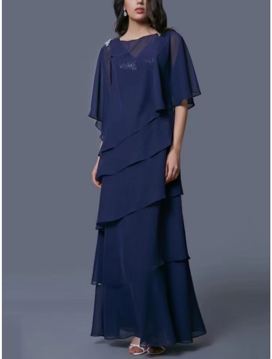 Vestido de madre de la novia con corte tubo/columna, elegante, escote redondo, largo hasta los tobillos, de gasa, media manga con capa de lentejuelas.