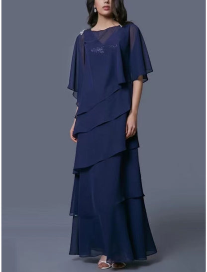 Vestido de madre de la novia con corte tubo/columna, elegante, escote redondo, largo hasta los tobillos, de gasa, media manga con capa de lentejuelas.