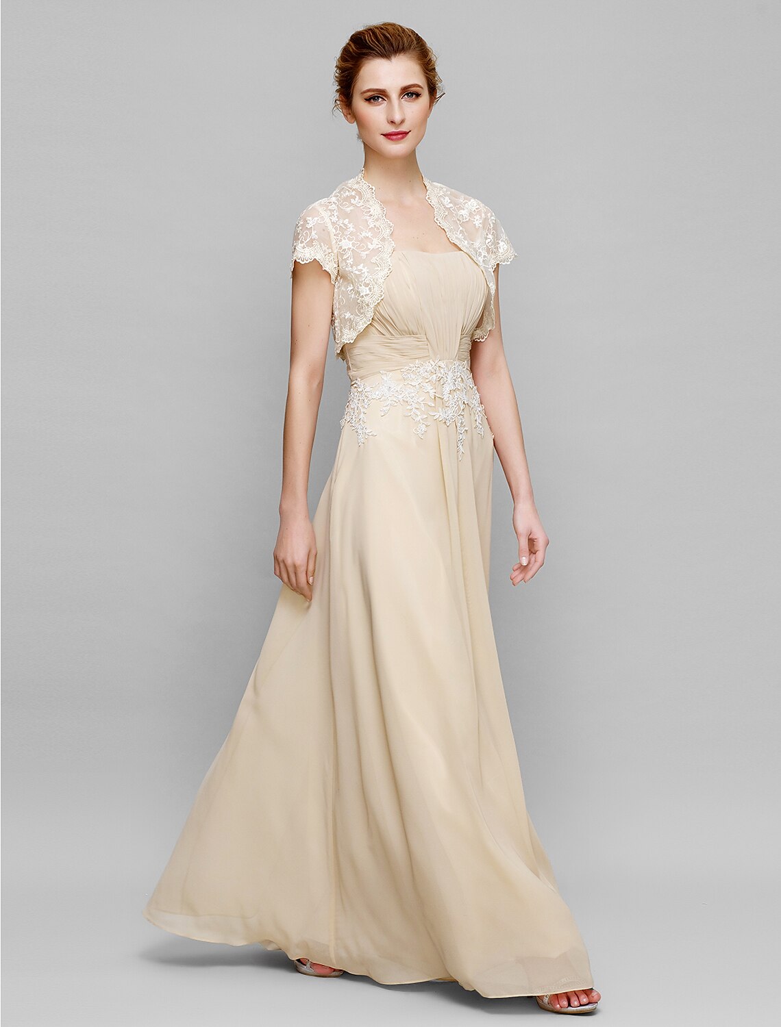 Sheath / Column Mother of the Bride Dress Lace Up Strapless Ankle Length Chiffon Lace Short Sleeve No with Lace Ruched Draping