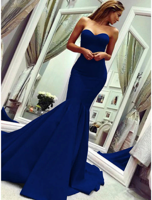 Vestido de fiesta de sirena minimalista, sexy, para invitada de boda, formal, de noche, para San Valentín, sin tirantes, sin mangas, con cola de corte, tejido elástico con pliegues.