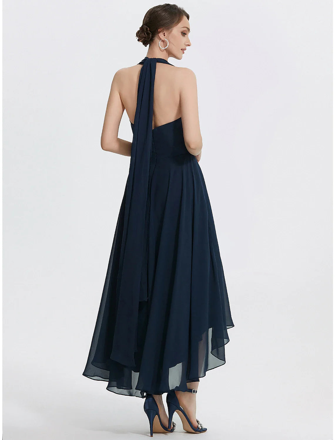 Vestidos de cóctel de corte A para invitada de boda, largo hasta la rodilla, manga corta, hombros descubiertos, convertibles en gasa con fruncido