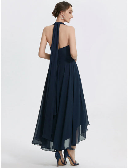 A-Line Cocktail Dresses Wedding Guest Tea Length Short Sleeve Off Shoulder Convertible Chiffon with Ruched