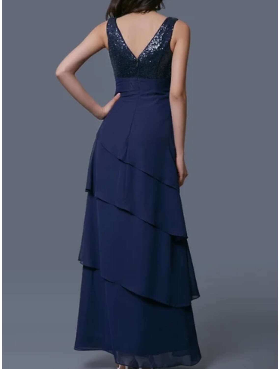 Vestido de madre de la novia con corte tubo/columna, elegante, escote redondo, largo hasta los tobillos, de gasa, media manga con capa de lentejuelas.