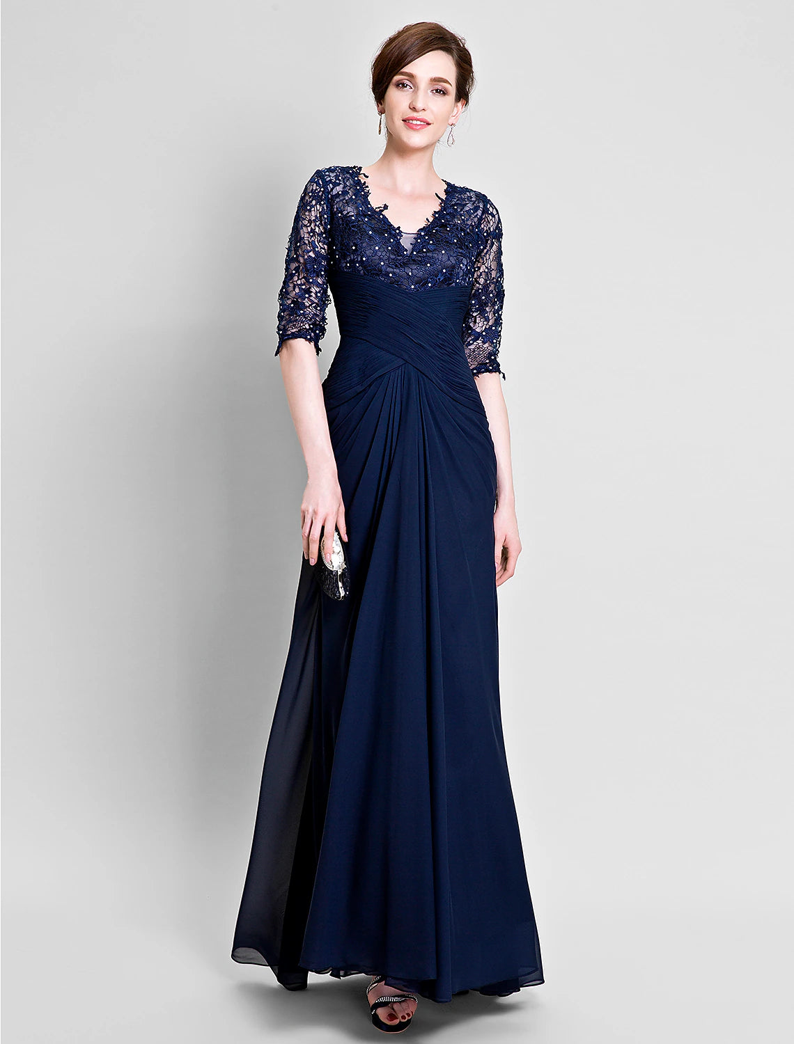 A-Line Mother of the Bride Dress See Through V Neck Floor Length Chiffon Lace Half Sleeve No with Lace Beading