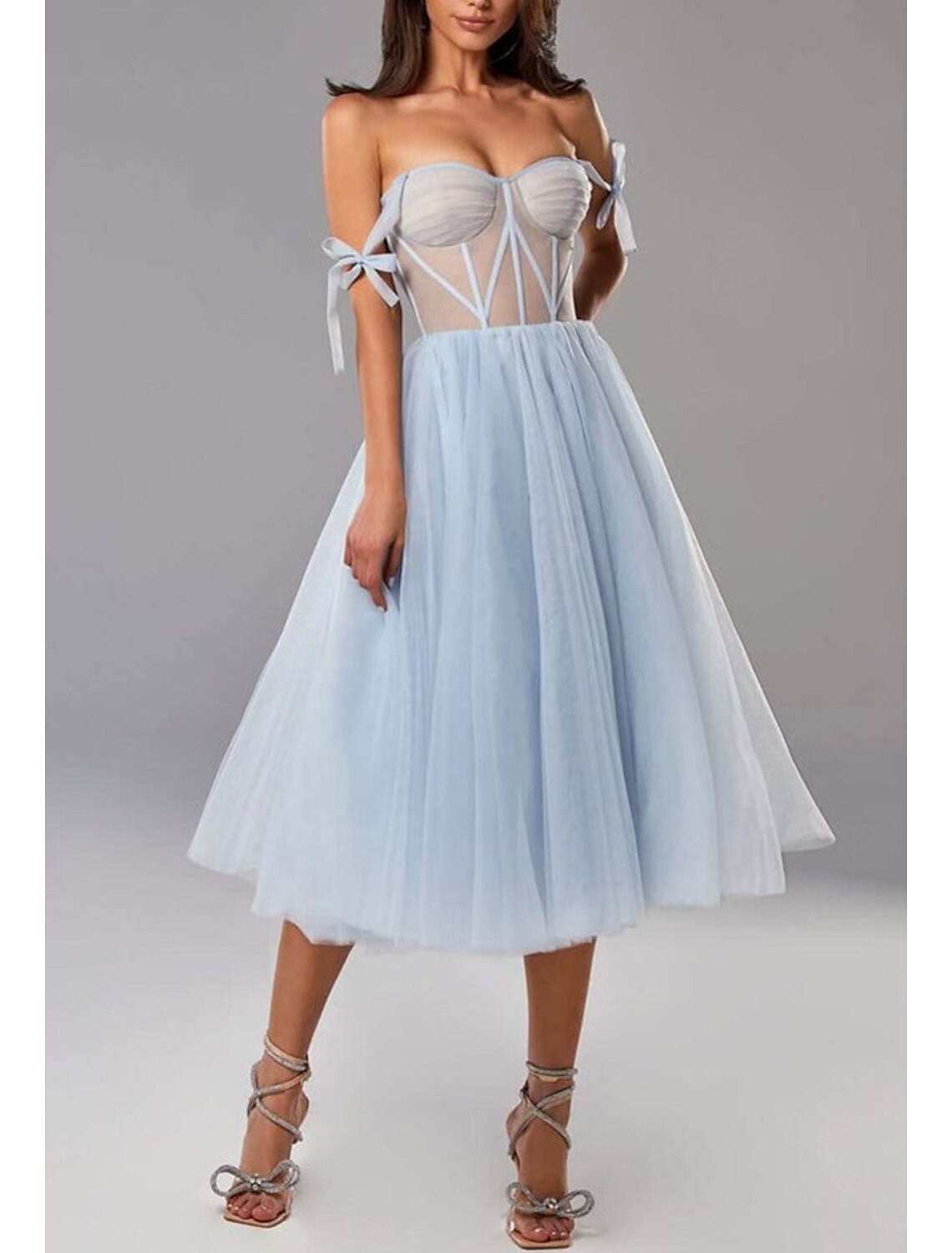 Two Piece A-Line Prom Dresses Elegant Dress Wedding Guest Prom Tea Length Half Sleeve Sweetheart Tulle with Pleats Pure Color