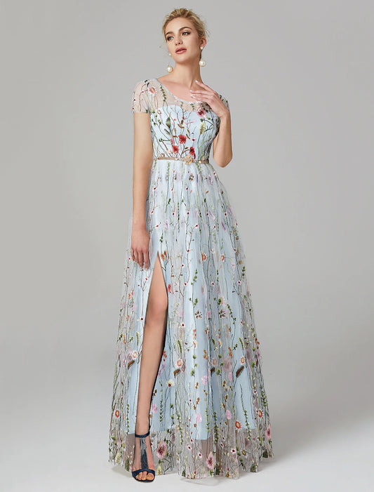 Vestidos de fiesta de corte A, elegantes, para invitadas de boda, largos hasta el suelo, mangas cortas, cuello ilusión, encaje con apliques de abertura.