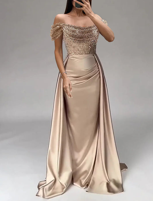 Vestido de noche de sirena/trompeta, para fiesta, boda, graduación, largo hasta el suelo, manga corta, hombros descubiertos, satén con perlas y lentejuelas, sobrefalda