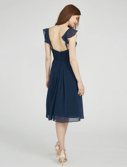 Vestido de dama de honor con corte tubo/columna, tirantes, sin mangas, hermoso escote en la espalda, largo hasta la rodilla, de gasa con fruncido cruzado.