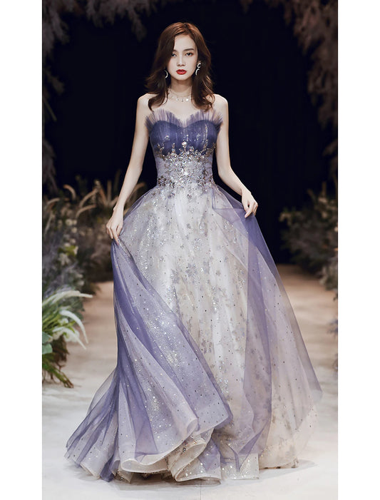 A-Linie Glitzer Elegant Hochzeitsgast Abschlussball Formelles Abendkleid Trägerlos Ärmellos Bodenlang Satin