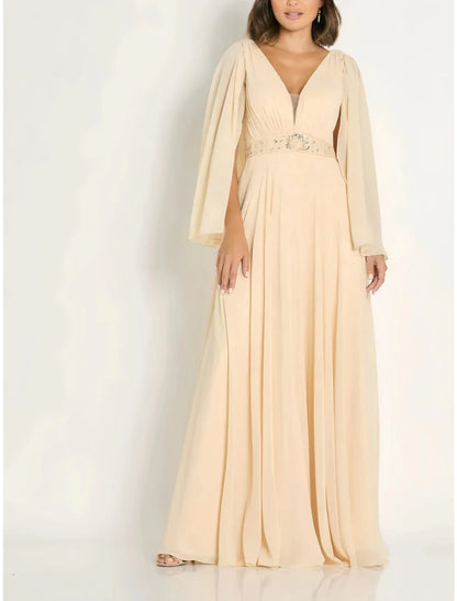 A-Line Mother of the Bride Dress Wedding Guest Party Elegant V Neck Floor Length Chiffon Long Sleeve with Pleats Crystals