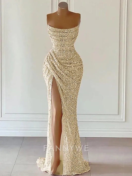 FannyWe Simple Beach Wedding Pink Sheath Sequin Prom Dresses Elegant Dress Formal Prom Floor Length Sleeveless Strapless Masquerade Dress