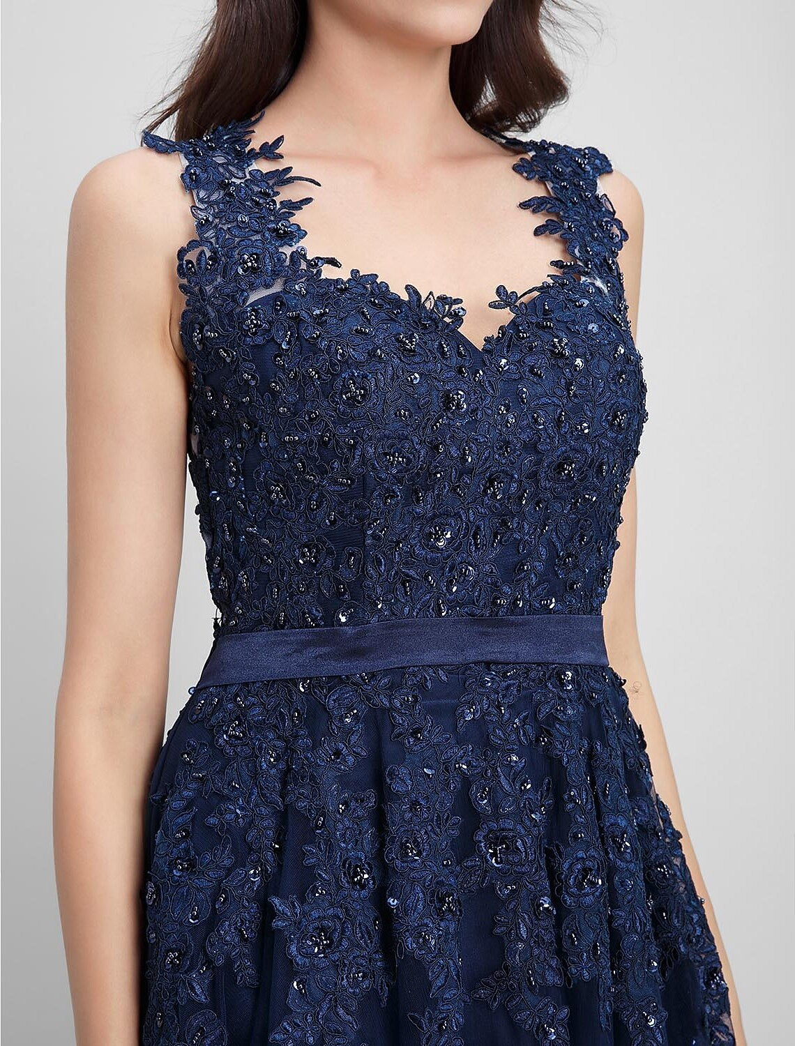 A-Line Dress Prom Formal Evening Floor Length Sleeveless V Neck Tulle with Appliques