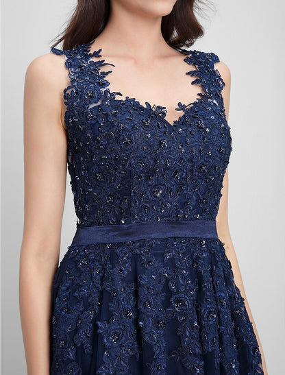 A-Line Dress Prom Formal Evening Floor Length Sleeveless V Neck Tulle with Appliques