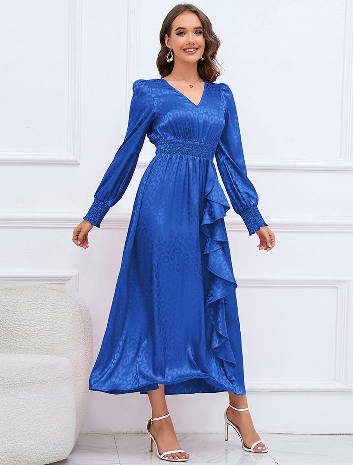 Vestidos de fiesta de corte A, elegantes, formales, de otoño, largos hasta los tobillos, mangas largas, cuello en V, de satén con volantes estampados