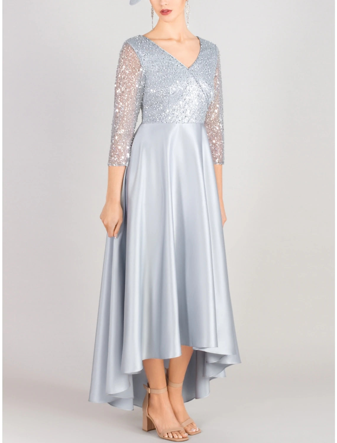 A-Line Mother of the Bride Dress Wedding Guest Elegant V Neck Asymmetrical Satin 3/4 Length Sleeve with Sequin Ruching