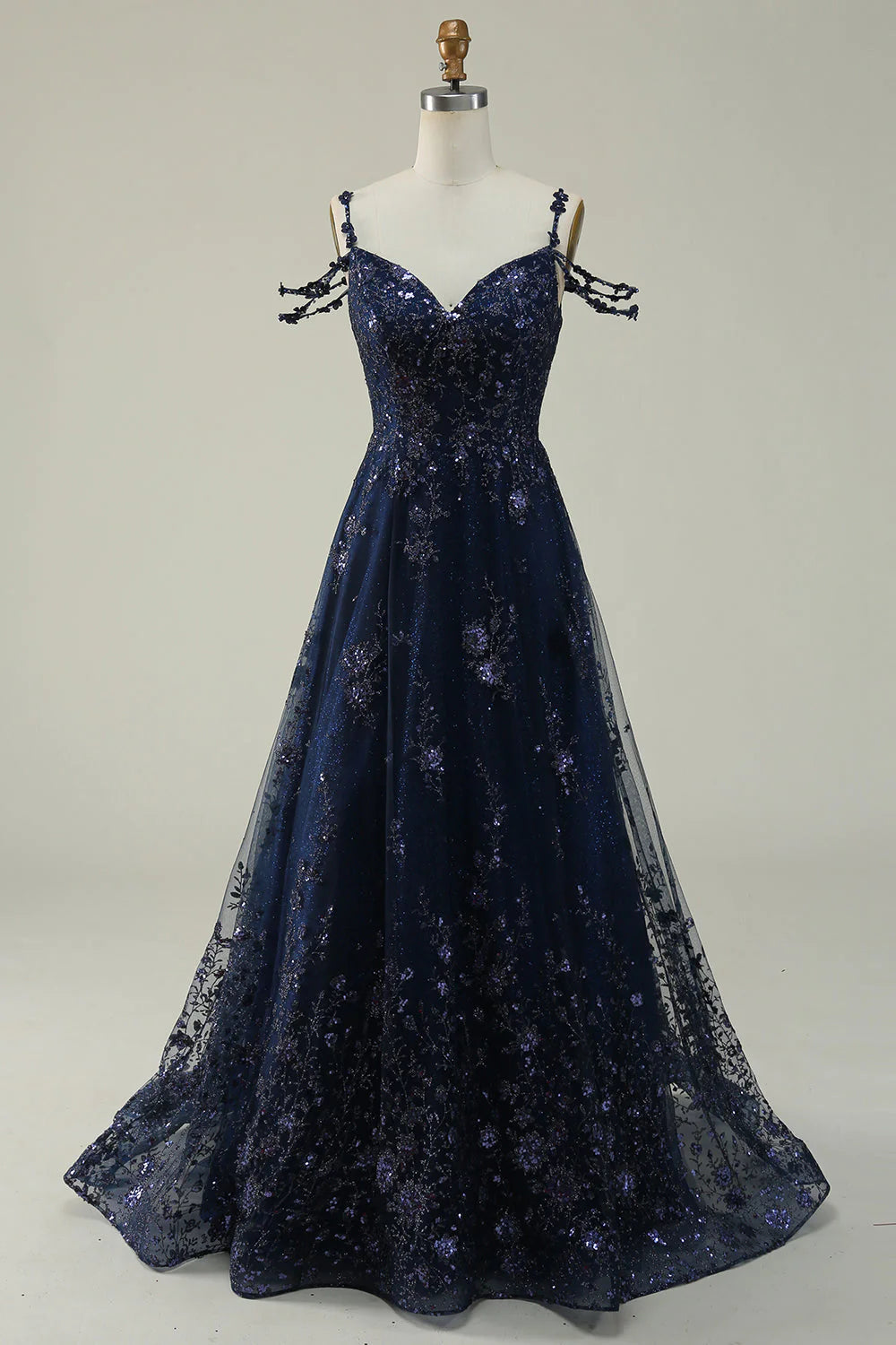 Vestido de fiesta largo azul marino con hombros descubiertos y corte en A