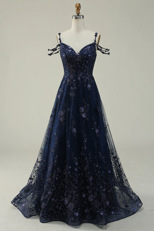 Marineblaues, langes Ballkleid in A-Linie mit kalten Schultern