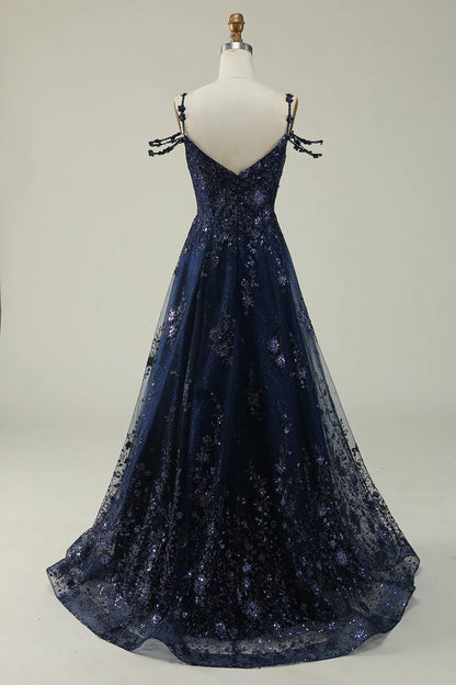 Vestido de fiesta largo azul marino con hombros descubiertos y corte en A