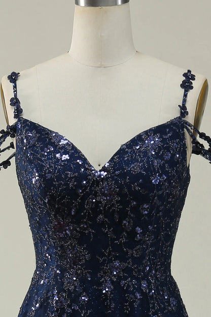 Vestido de fiesta largo azul marino con hombros descubiertos y corte en A