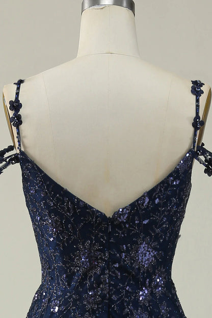 Vestido de fiesta largo azul marino con hombros descubiertos y corte en A