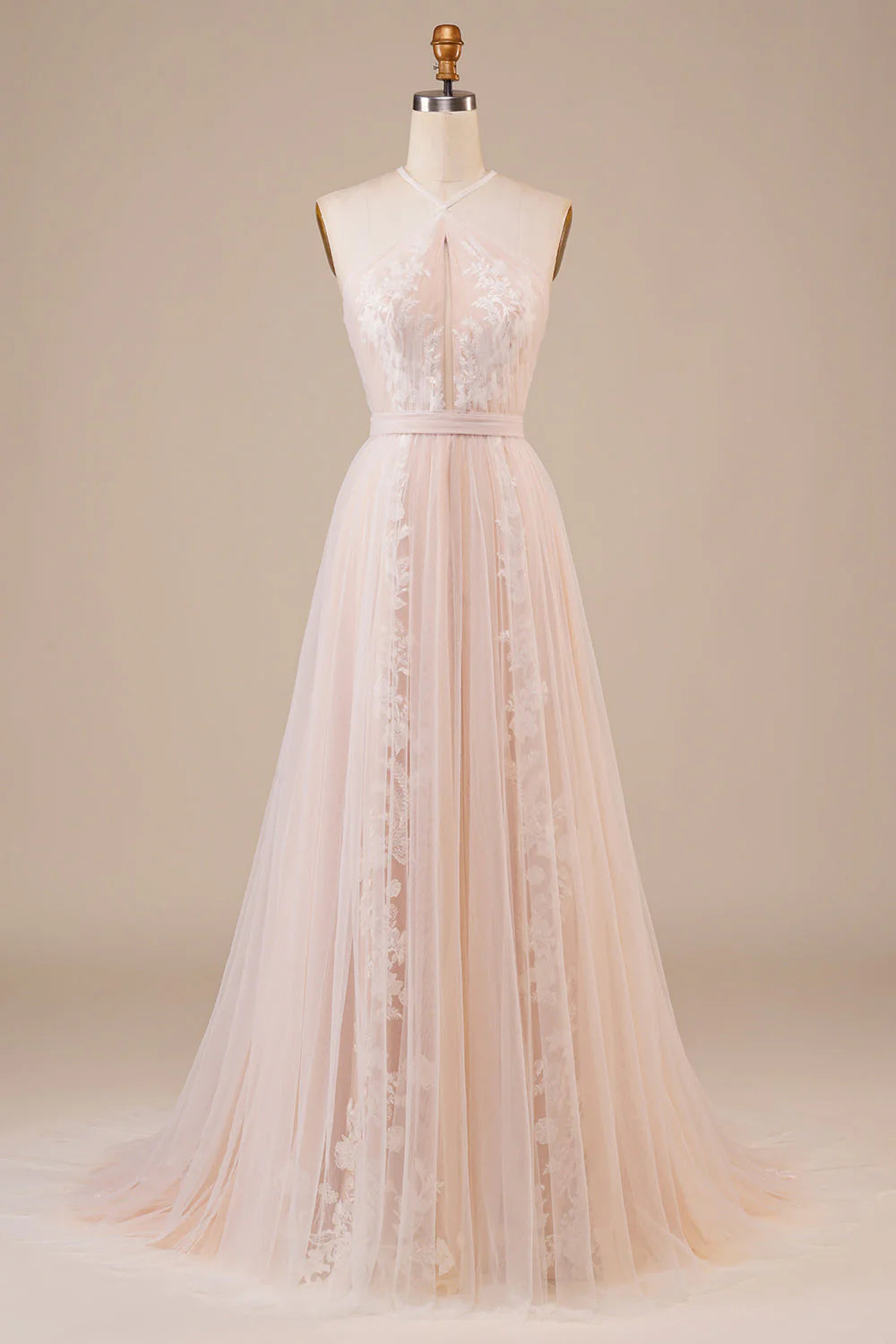 Tulle Halter Keyhole Champagne Wedding Dress with Appliques