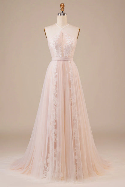 Tulle Halter Keyhole Champagne Wedding Dress with Appliques