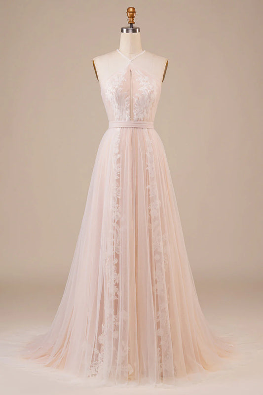 Tulle Halter Keyhole Champagne Wedding Dress with Appliques
