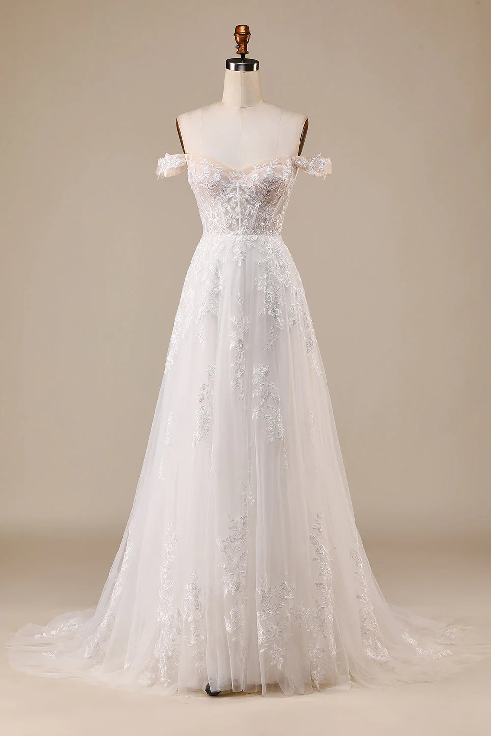 Elfenbeinfarbenes, abnehmbares, schulterfreies Korsett-Brautkleid aus Tüll