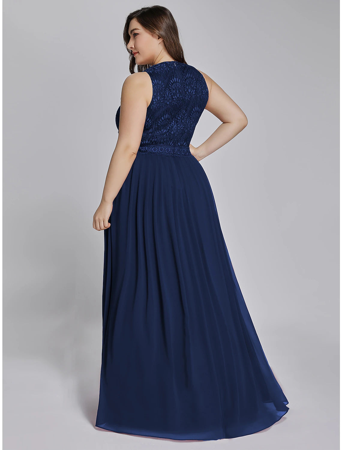 A-Linie Ballkleider Maxikleid Hochzeitsgast Ball Bodenlang Ärmellos Rundhals Brautjungfernkleid Chiffon mit Falten Spitzeneinsatz
