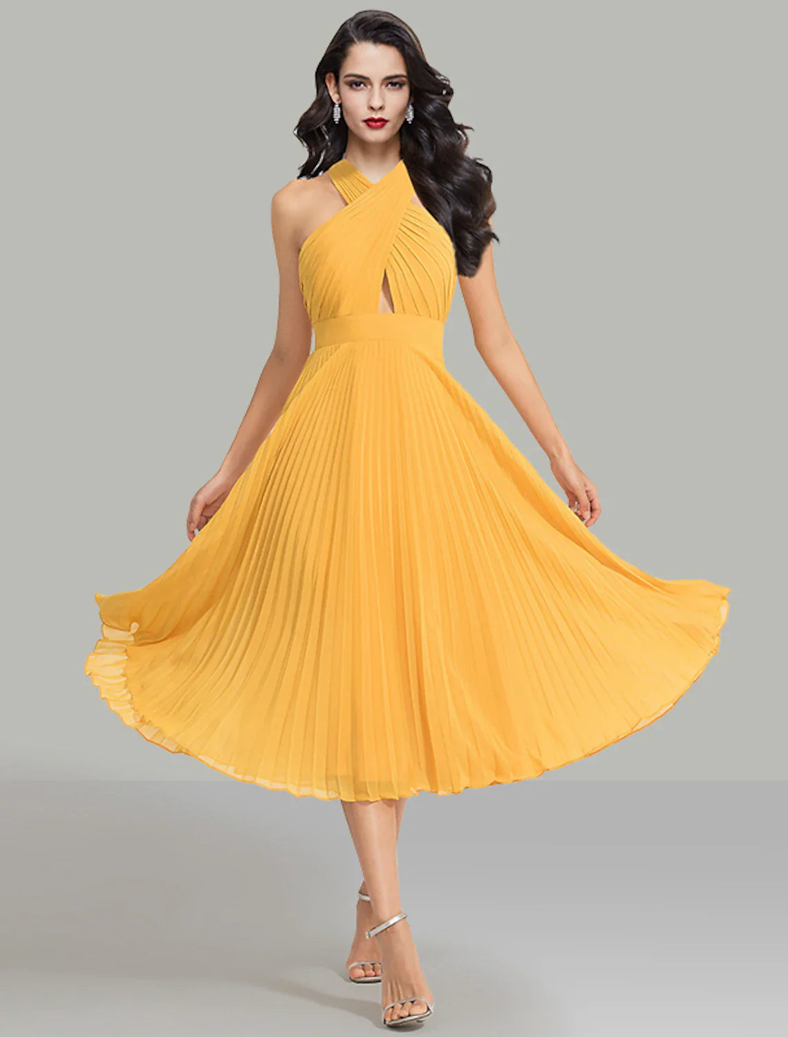 Vestidos de invitada de boda de corte A, elegante vestido de cóctel, fiesta de bodas, largo hasta la rodilla, sin mangas, cuello halter, gasa con fruncido