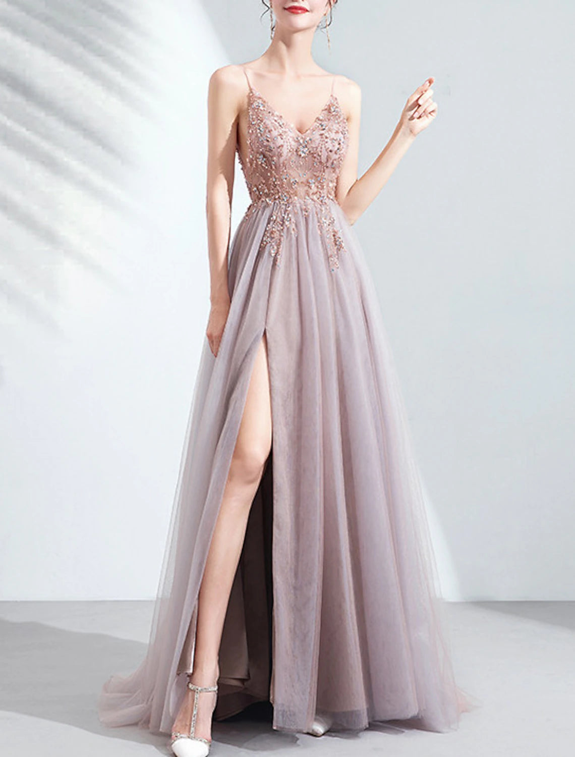 Vestido rosa de novia para brindis de boda, cena, reunión anual, cabestrillo, hilo ligero, pasarela, abertura alta, vestido de noche para boda.