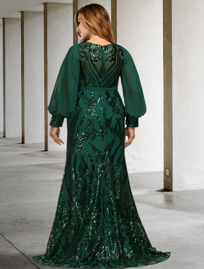 Sirena / Trompeta Talla Grande Curva Vestidos de Madre de la Novia Vestido Elegante Vestido Formal Invitada de Boda Barrido / Cola de Cepillo Manga Larga Cuello Joya Gasa con Lentejuelas