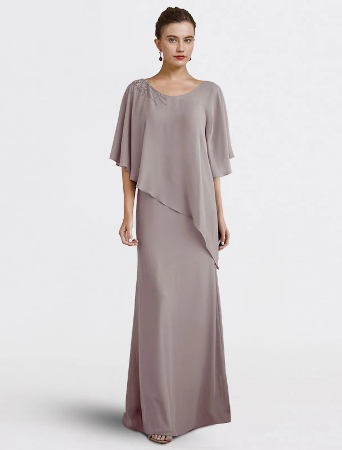 Vestido de madre de la novia con corte en forma de columna, elegante, talla grande, escote en V, largo hasta el suelo, de gasa, media manga con cuentas