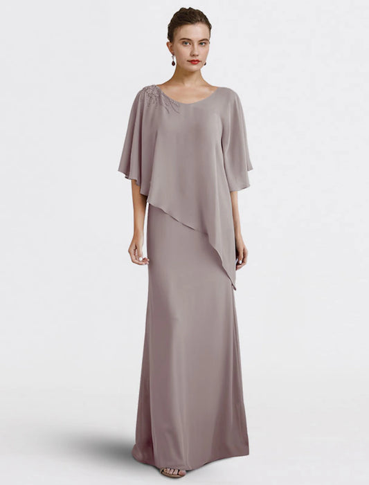 Sheath / Column Mother of the Bride Dress Wedding Guest Elegant Plus Size V Neck Floor Length Chiffon Half Sleeve with Beading