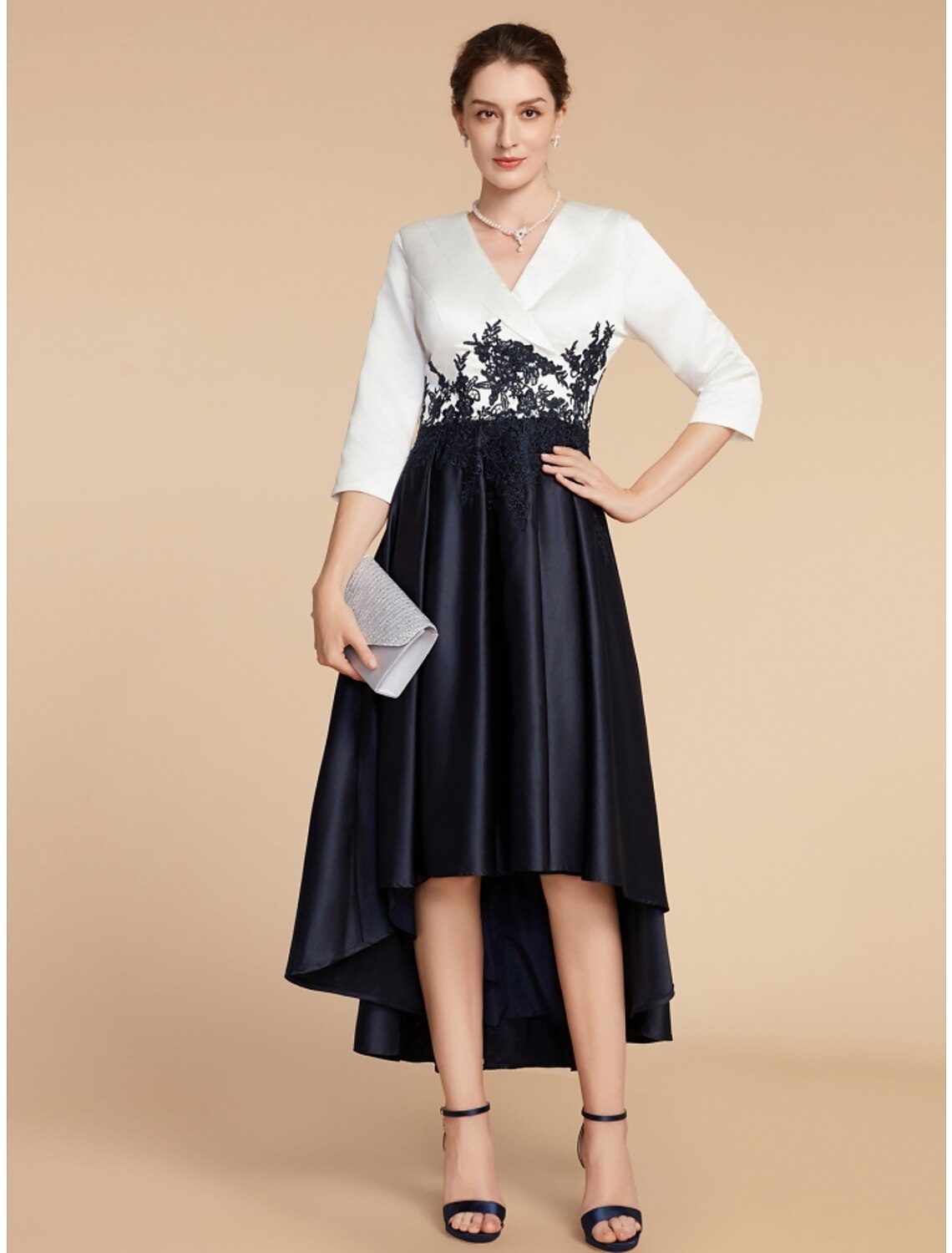 A-Line Mother of the Bride Dress Wedding Guest Elegant Petite V Neck Asymmetrical Satin Lace Half Sleeve with Ruching