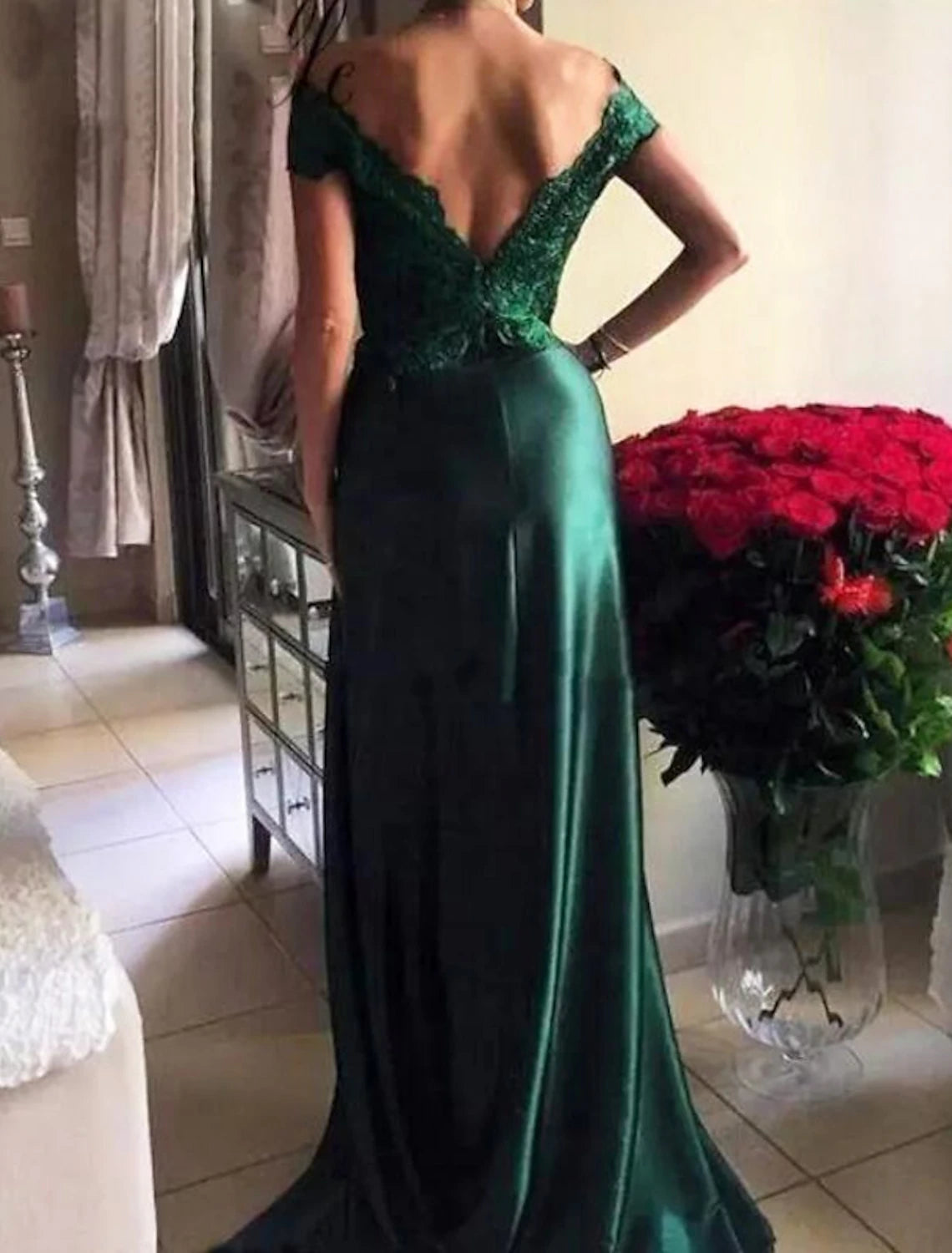A-Line Elegant High Split Prom Formal Evening Dress Off Shoulder Short Sleeve Sweep / Brush Train Lace with Slit Appliques