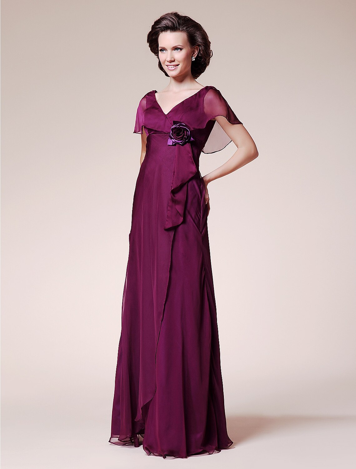 A-Line Mother of the Bride Dress Elegant V Neck Floor Length Chiffon Short Sleeve No with Ruffles Flower