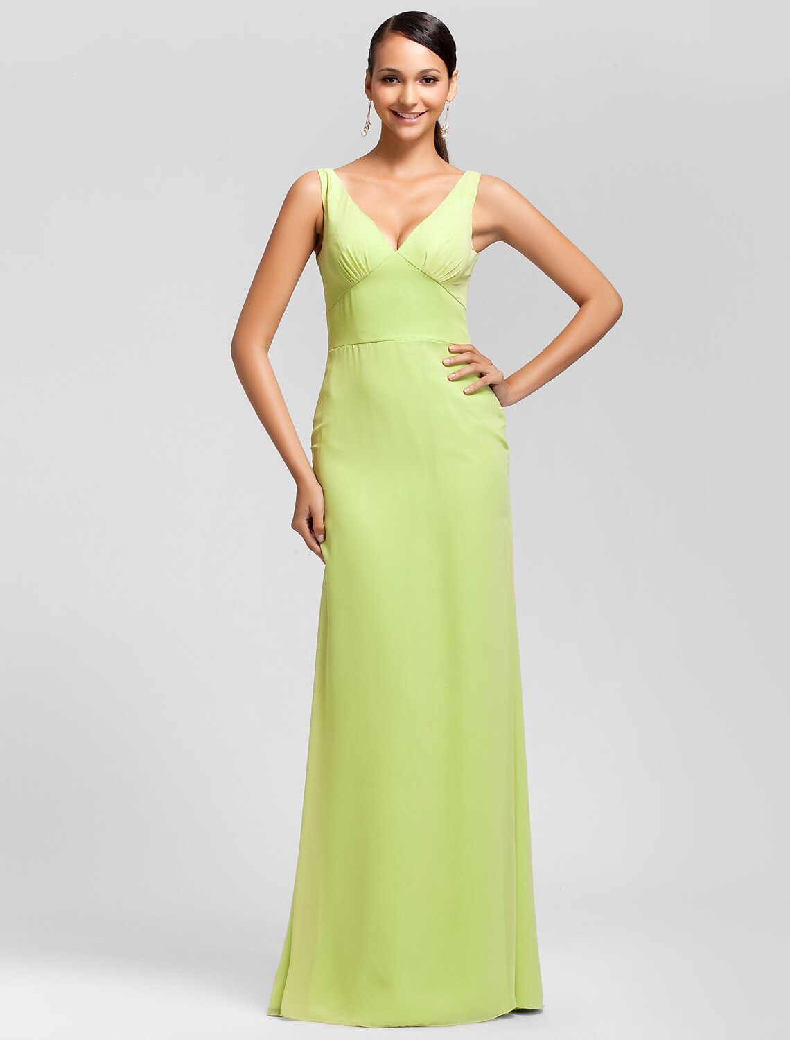 Sheath / Column V Neck Floor Length Chiffon Bridesmaid Dress with Side Draping
