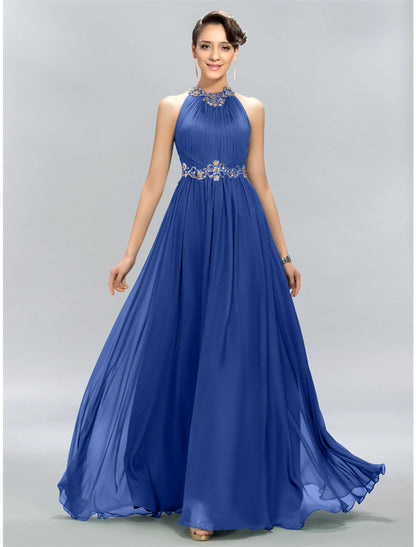 A-Linien-Kleid für Hochzeitsgäste, Maxikleid, Partykleidung, Hochzeitsfeier, bodenlang, ärmellos, Neckholder, Chiffon mit gerüschten Applikationen