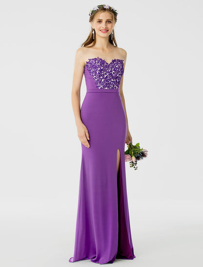Vestido de dama de honor con corte en forma de tubo, escote corazón, sin mangas, espalda abierta, largo hasta el suelo, jersey, encaje floral, faja, cinta, apliques, abertura frontal
