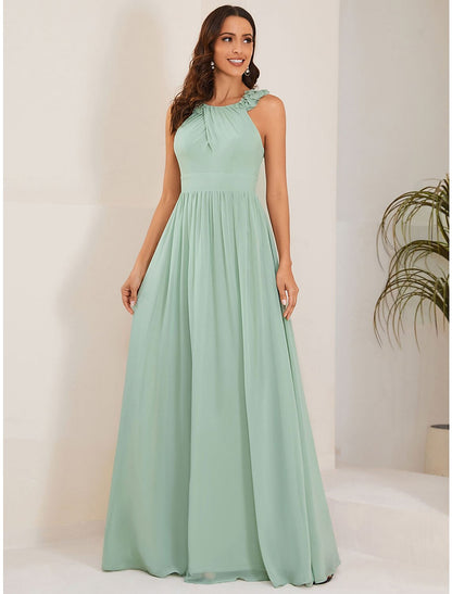 A-Linien-Kleid für Hochzeitsgäste, offenes Rückenkleid, formelle schwarze Krawatte, bodenlanges, ärmelloses Brautjungfernkleid mit Rundhalsausschnitt, Chiffon mit Falten, Schulterblume