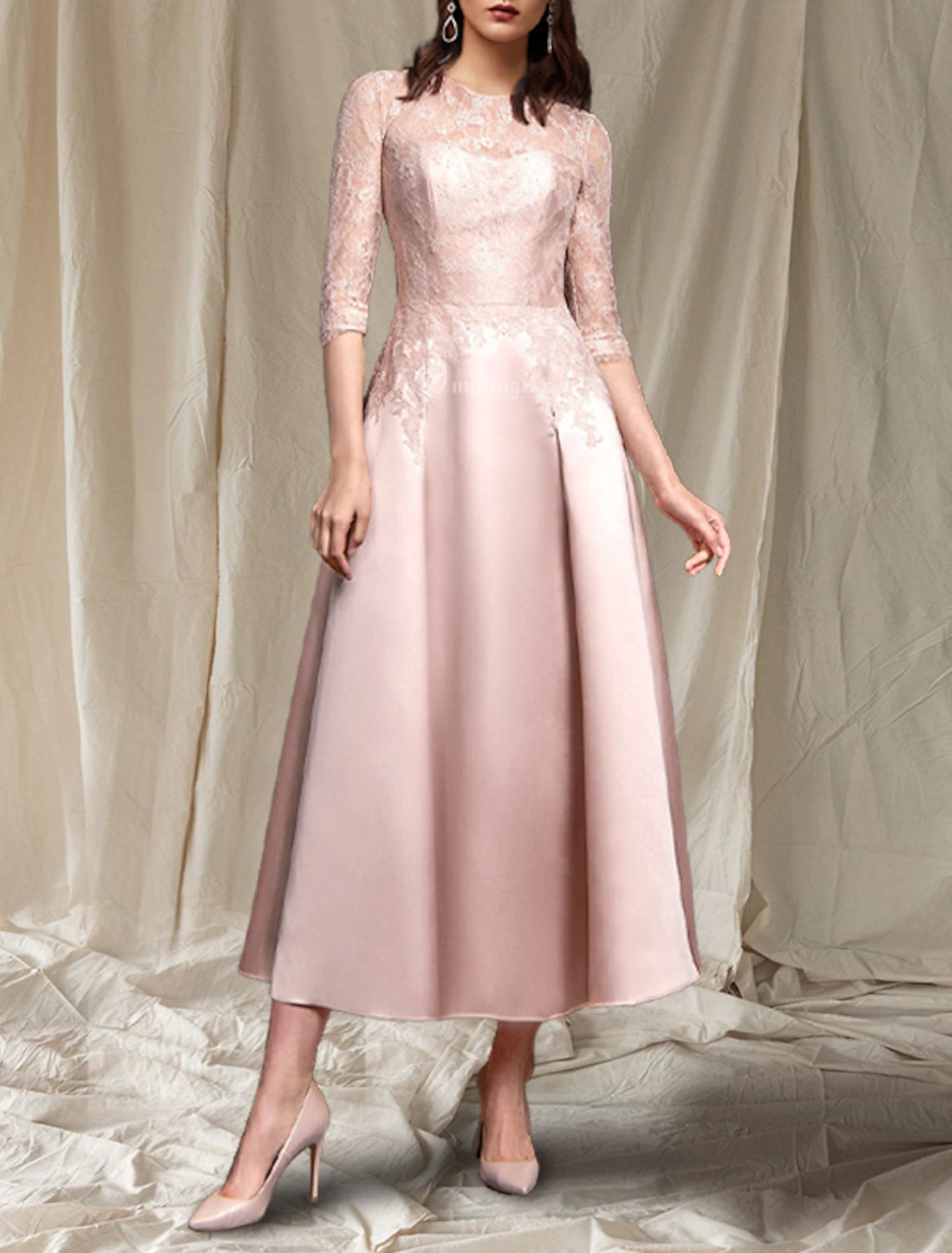 A-Line Mother of the Bride Dress Elegant Jewel Neck Tea Length Satin Lace Half Sleeve with Pleats