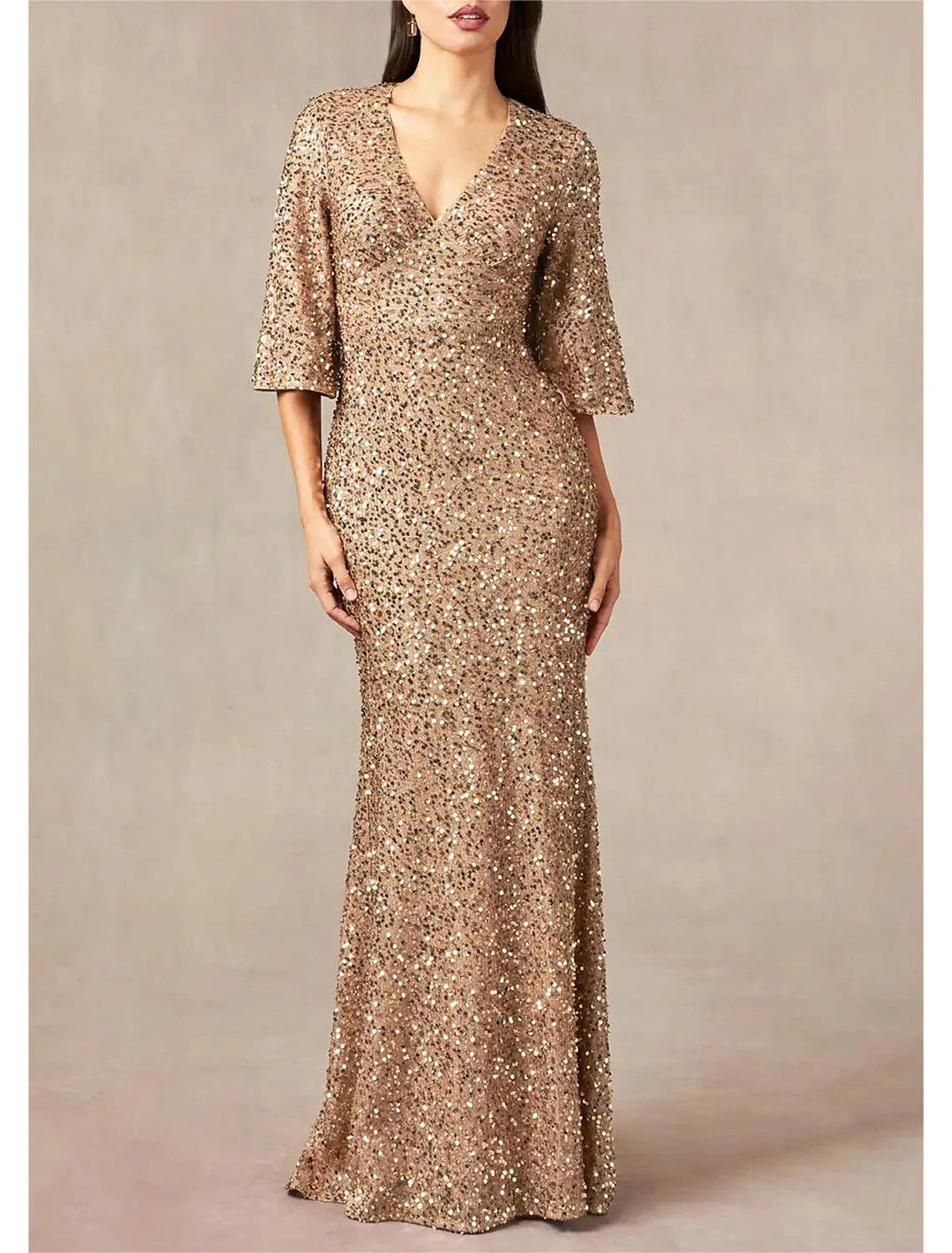 Mermaid / Trumpet Mother of the Bride Dress Formal Wedding Guest Elegant V Neck Floor Length Sequined Half Sleeve with Sequin