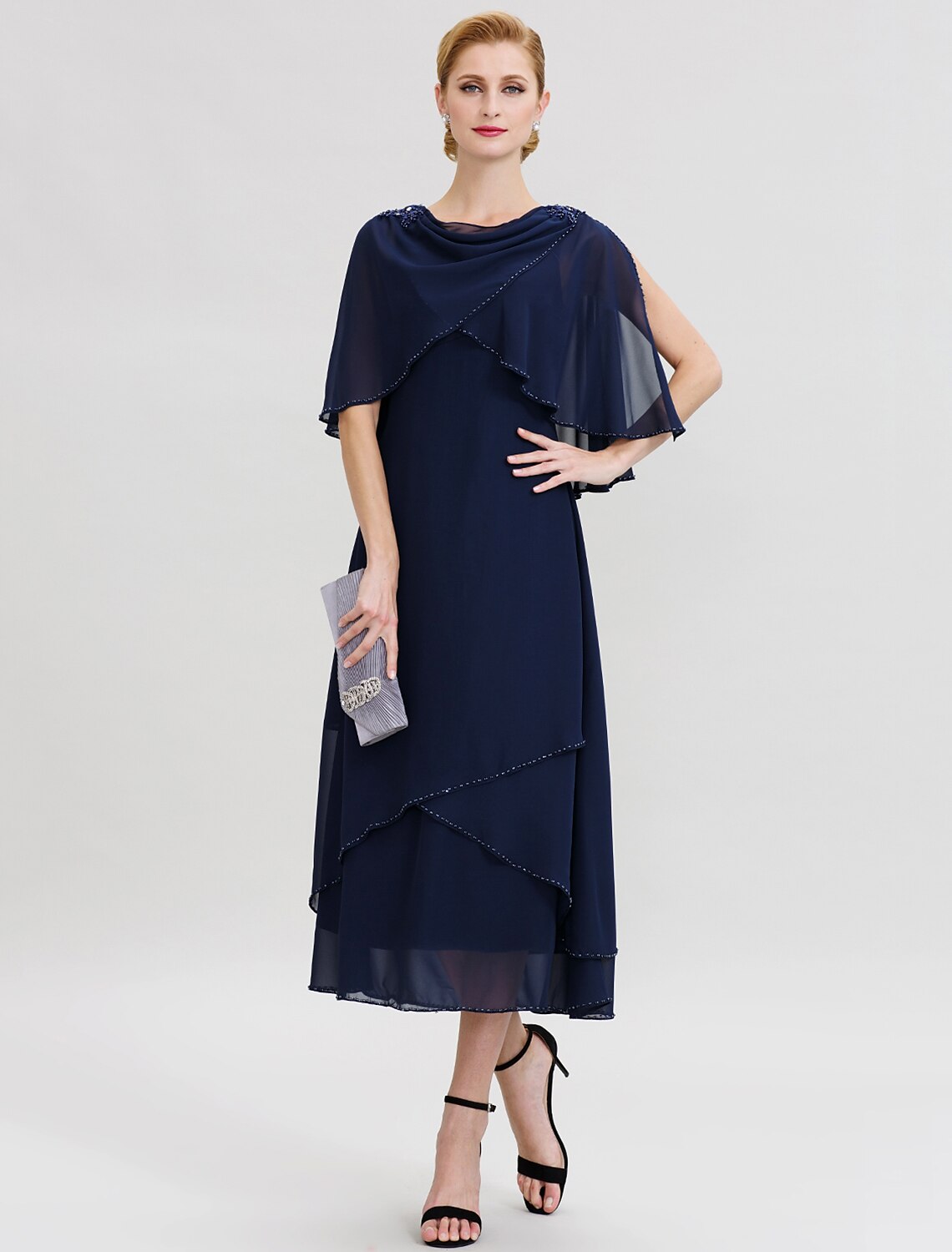 A-Line Mother of the Bride Dress Elegant Cowl Neck Floor Length Chiffon Half Sleeve with Beading