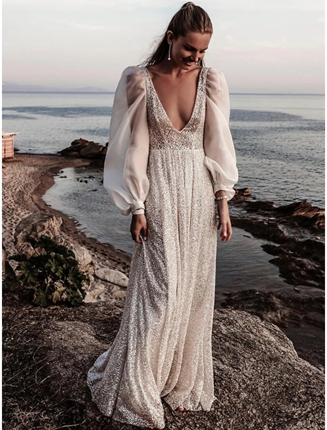 Beach Open Back Boho Wedding Dresses Long Sleeve V Neck Sequined With Pleats
