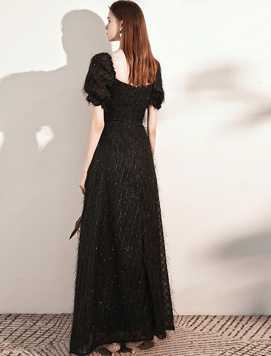 A-Line Evening Gown Dress Wedding Guest Floor Length Short Sleeve Scoop Neck Tulle with Buttons