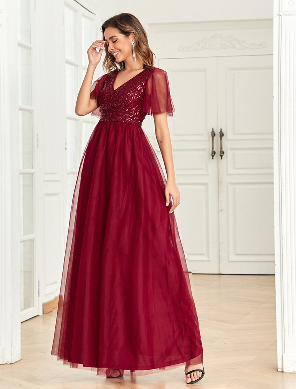 A-Line Party Dresses Empire Dress Party Wear Floor Length Short Sleeve V Neck Tulle V Back with Glitter Sequin