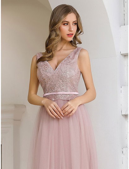 A-Line Evening Gown Elegant Dress Wedding Guest Floor Length Sleeveless V Neck Satin V Back with Sash Ribbon Sequin
