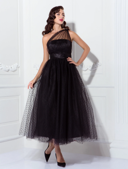 A-Line Cocktail Dresses Vintage Dress Wedding Guest Sleeveless One Shoulder Tulle with Pleats Pattern Print